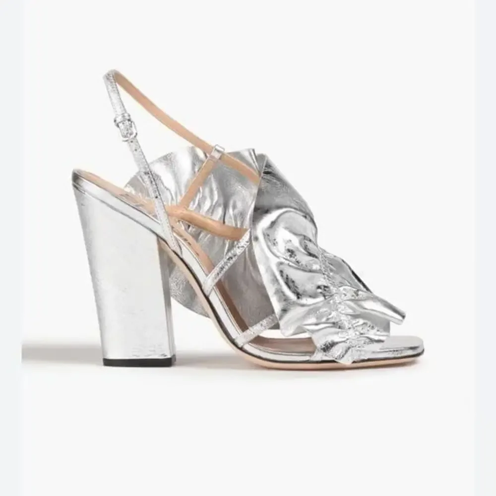 NWT Sergio Rossi Metallic Crinkled Leather Strappy Heel Silver 35-35.5 / US 5